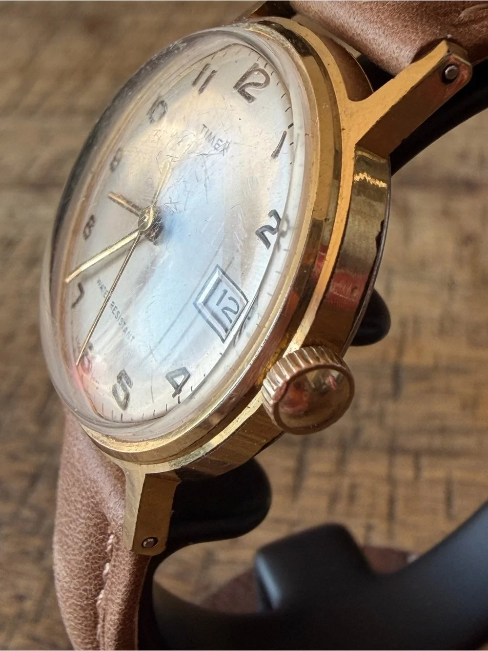 Vintage 1973 Timex Manual Wind Watch w/ Date | Gold Tone + New Leather Band
